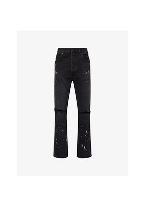 Mens Purple Brand Paint Splatter Knee-Slit Denim Jeans