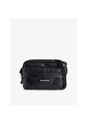 Mens Balenciaga Logo-Print Zip-Pocket Leather Camera Shoulder Bag