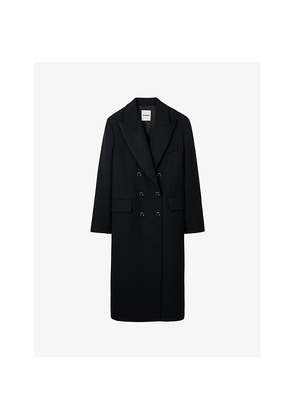 Womens Sandro Double-Breasted Satin-Lapel Wool-Blend Coat