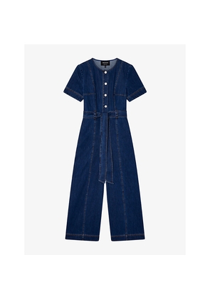 Womens Whistles Short-Sleeve Cropped Denim Jumpsuit
