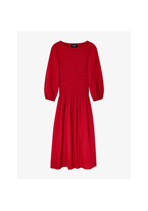 Womens Whistles Smocked-Bodice Long-Sleeve Woven Midi Dress