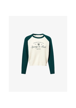 Womens Sporty & Rich Embroidered-Logo Baseball Cashmere-And-Wool Jumper