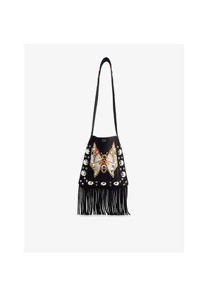 Womens Valentino Garavani Nellcôte Embroidered Fringe Suede Shoulder Bag