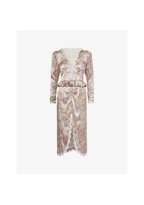 Womens Alessandra Rich Floral-Print Frilled Silk Midi Dress