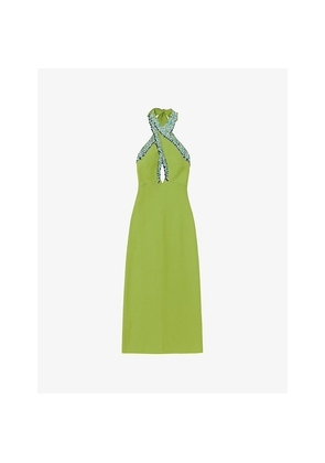 Womens Ro&Zo Beaded Halter-Neck Cotton-Blend Midi Dress