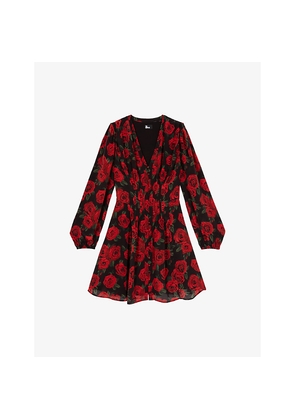 Womens The Kooples Rose-Print V-Neck Woven Mini Dress