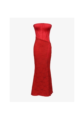 Womens House of CB Valerie Strapless Satin and Lace Maxi Dress