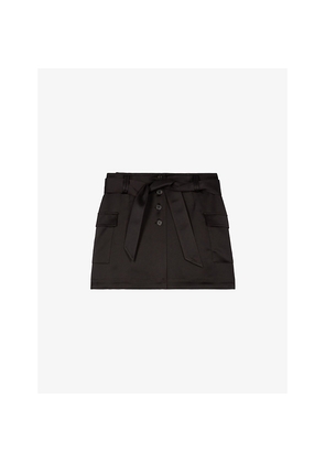 Womens The Kooples Belted-Waist Side-Pocket Satin Mini Skirt