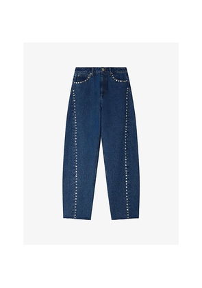 Womens Sandro Rhinestone-Trim Barrel-Leg Denim Jeans