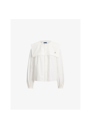 Womens Polo Ralph Lauren Bib-Collar Brand-Embroidered Cotton Blouse