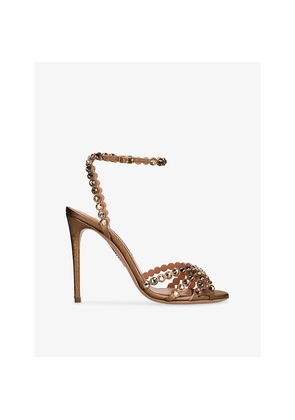 Womens Aquazzura Tequila 105 Crystal-Embellished Leather Heeled Sandals