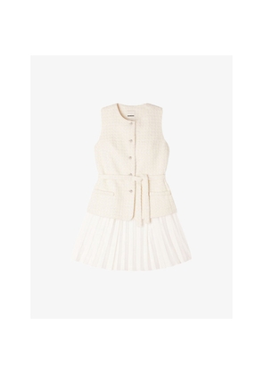 Womens Sandro Tie-Waist Contrast-Skirt Woven Mini Dress