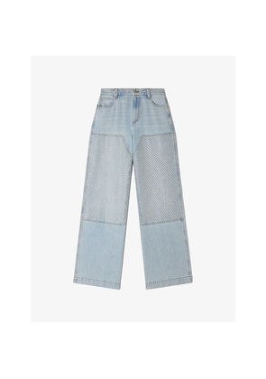 Womens Sandro Straight-Leg Crystal-Embellished Faded Denim Jeans