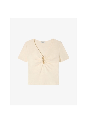 Womens Sandro Jewel-Embellished Cropped Stretch-Cotton T-Shirt