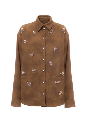 DES_PHEMMES Floral Embroidered Faux Suede Shirt Jacket - Moda Operandi