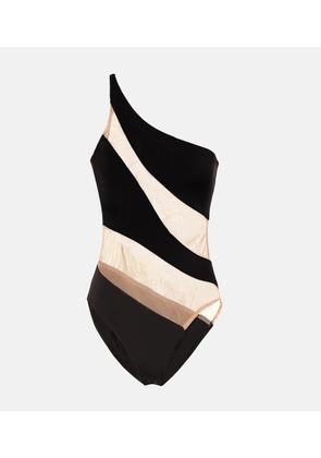 Norma Kamali Snake paneled mesh one-shoulder swimsuit