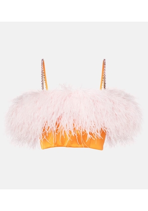 Self-Portrait Feather-trimmed satin crop top