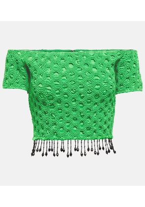 Ganni Smocked off-shoulder satin top