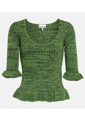 Ganni Ruffle-trimmed ribbed-knit sweater