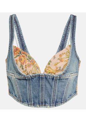 Alessandra Rich Floral cropped denim bustier top