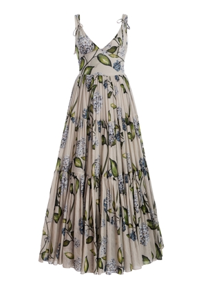 Oscar de la Renta Porcelain Flowers Pleated Cotton Voile Midi Dress - Moda Operandi