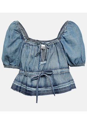 Ganni Puff-sleeve denim crop top
