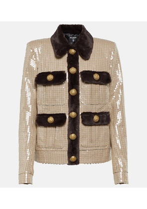 Balmain Sequined faux fur-trimmed jacket