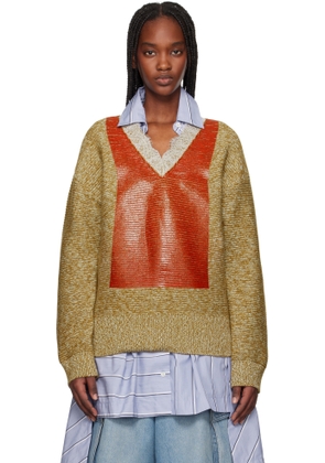 JW Anderson Tan & Orange V-Neck Lace Trim Sweater