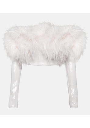 David Koma Sequined feather-trimmed crop top