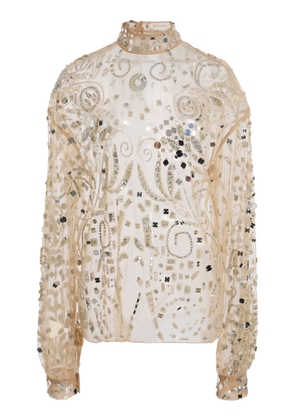 Zuhair Murad Sheer Embellished Long Sleeve High Neck Blouse - Moda Operandi