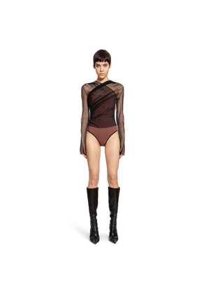 Semi-Sheer Gathered Long Sleeves Bodysuit