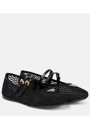 Prada Logo leather-trimmed mesh ballet flats