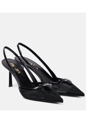 Prada 75 logo leather-trimmed slingback pumps
