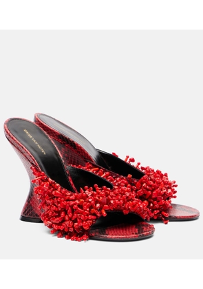 Dries Van Noten Beaded snake-print leather wedge mules