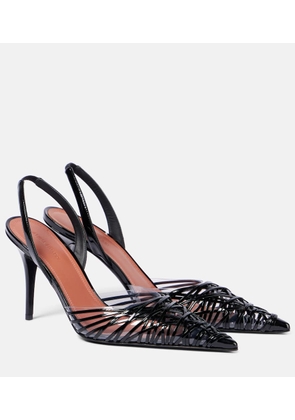 Amina Muaddi Lori 90 patent leather and PVC slingback pumps