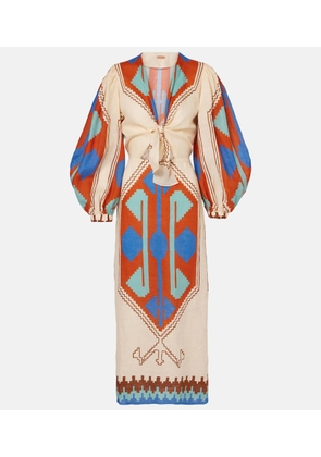 Johanna Ortiz Printed tie-detail linen midi dress