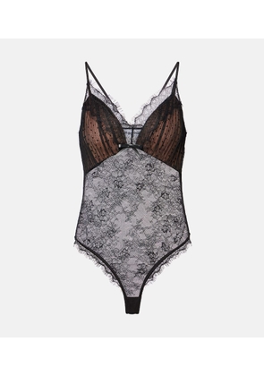 Self-Portrait Embroidered lace-trimmed mesh bodysuit