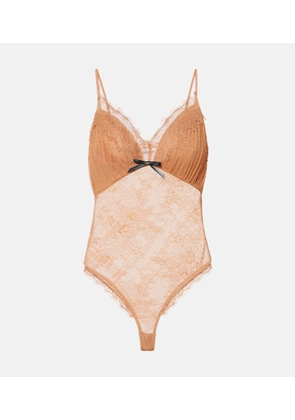 Self-Portrait Embroidered lace-trimmed mesh bodysuit