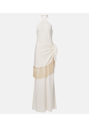 Taller Marmo Meteora fringed halterneck crepe cady gown
