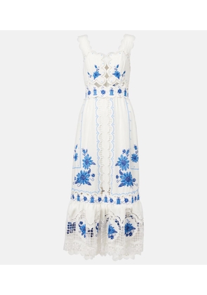 Farm Rio Embroidered linen-blend midi dress