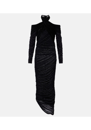Mugler Draped mesh and velvet maxi dress