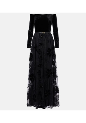 Elie Saab Embroidered tulle and velvet gown