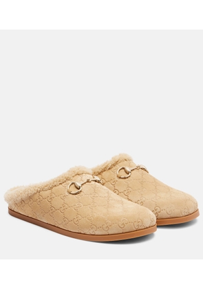 Gucci Horsebit GG shearling-trimmed suede mules