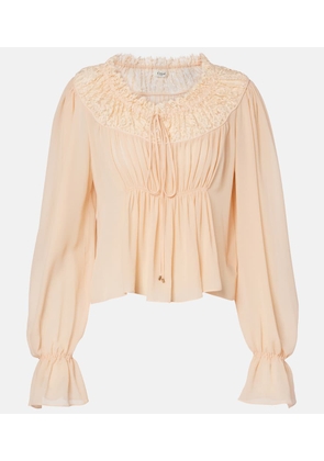 Chloe Shirred cropped lace-trimmed silk blouse