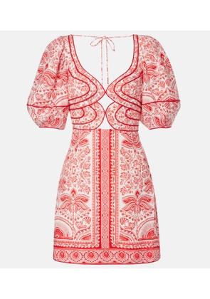 Farm Rio Printed cutout linen-blend minidress