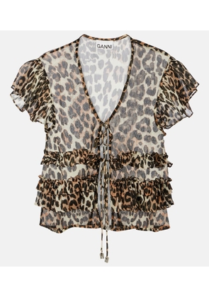 Ganni Leopard-print ruffled chiffon blouse
