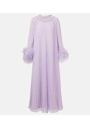 Self-Portrait Feather-trimmed plisse chiffon maxi dress