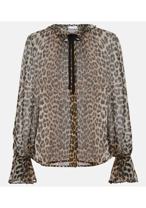 Ganni Leopard-print tie-neck chiffon blouse