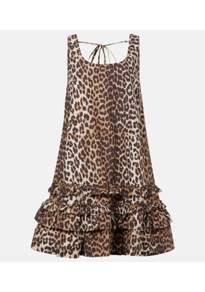 Ganni Leopard-print ruffled cotton poplin minidress