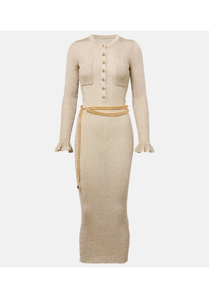 Self-Portrait Ribbed-knit lame midi dress